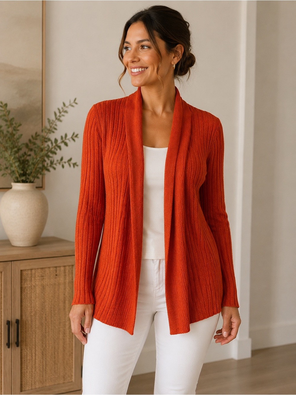 Burnt Orange Ribbed Cardigan Jones New York Open Front Rayon Sweater Small